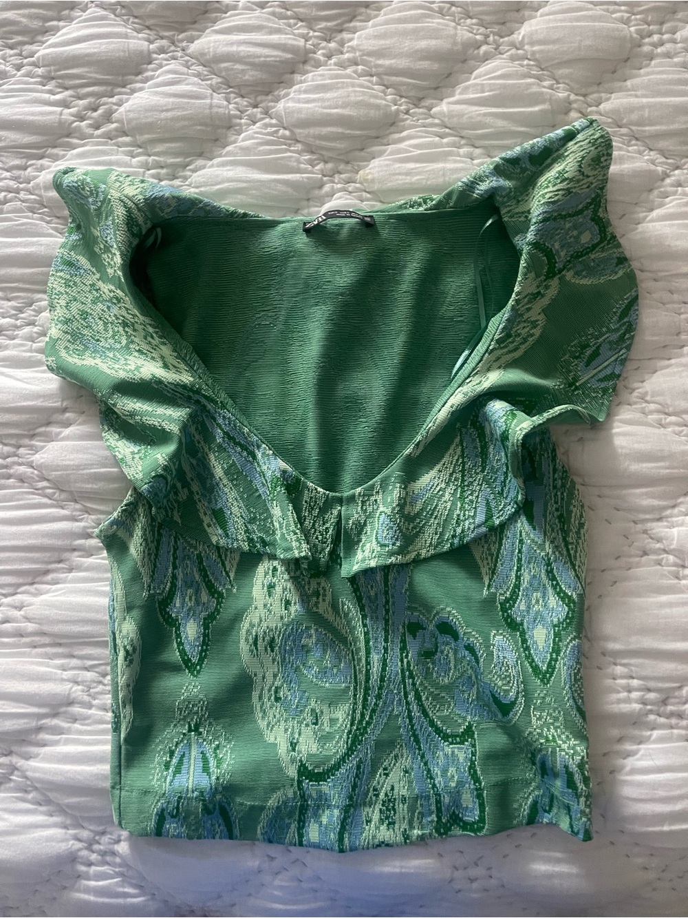 Zara Green Patterned Ruffle-Trim Women’s Top